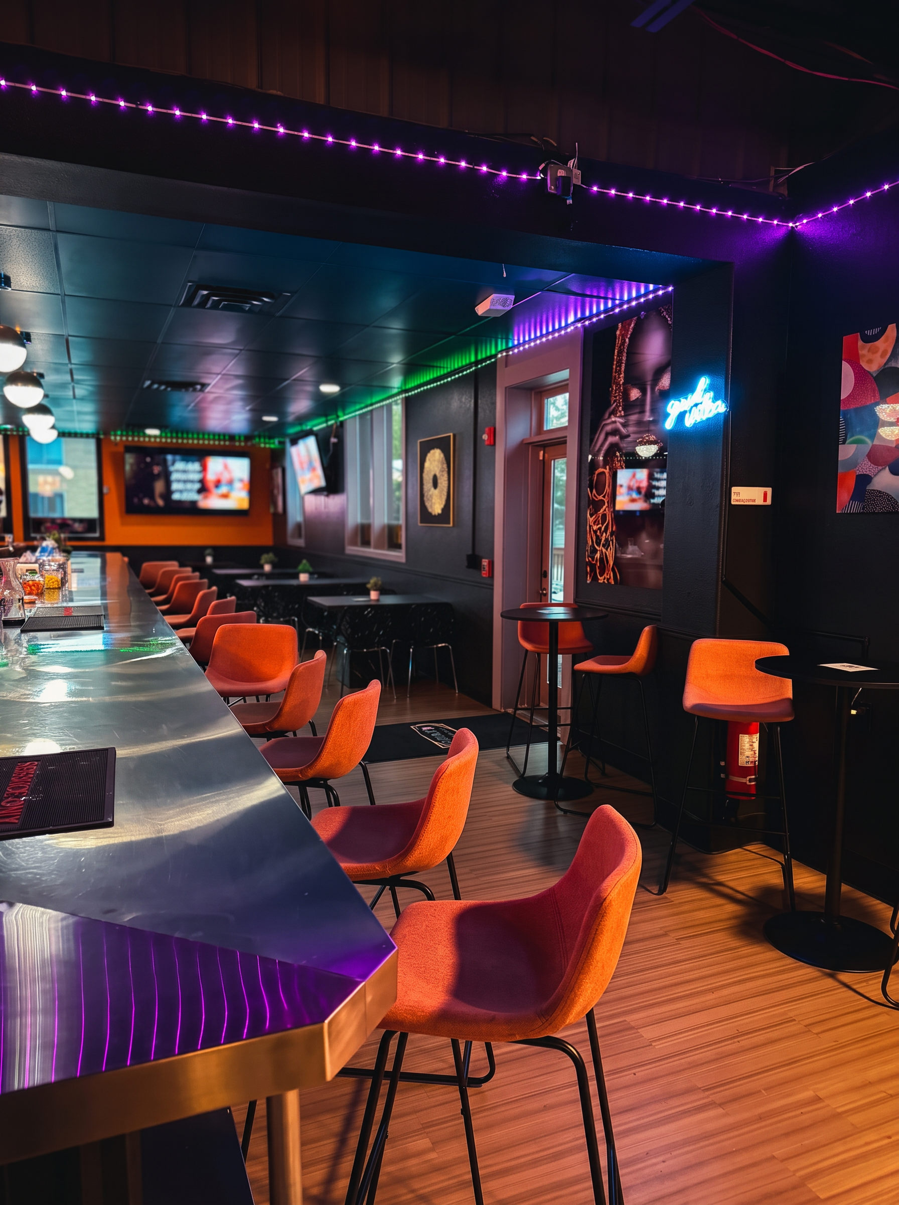 Olivia 91 lounge with magenta and teal lighting at night