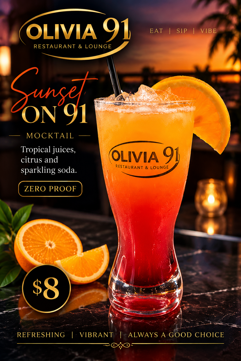 Sunset on 91 mocktail with tropical juices, citrus and sparkling soda