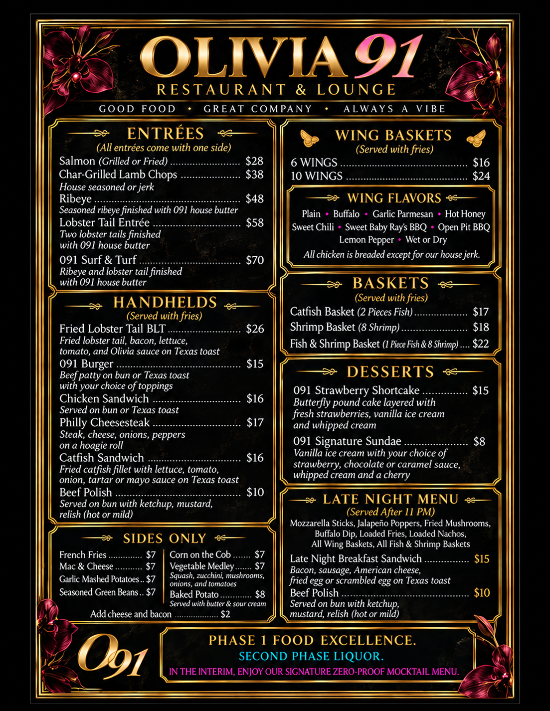 Olivia 91 menu featuring entrées, handhelds, wings, baskets, sides, desserts, and late-night selections with current prices