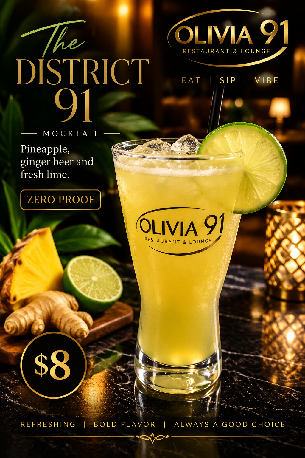The District 91 mocktail with pineapple, ginger beer and fresh lime