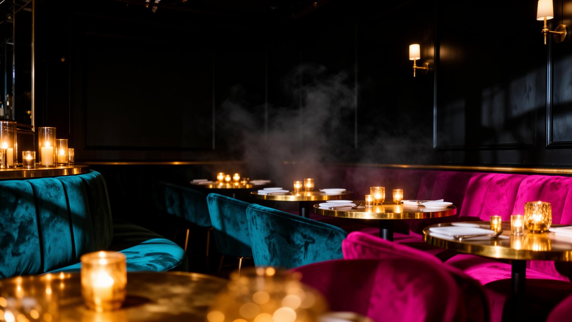 Interior of Olivia 91 lounge with candlelight and velvet seating