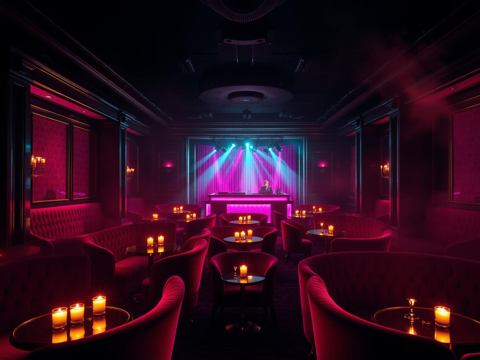 Olivia 91 lounge with magenta and teal lighting at night