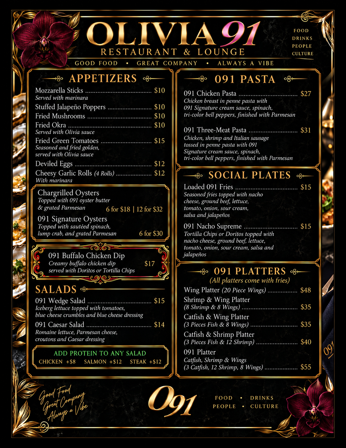 Olivia 91 menu featuring appetizers, salads, pasta, social plates, and platters with current prices