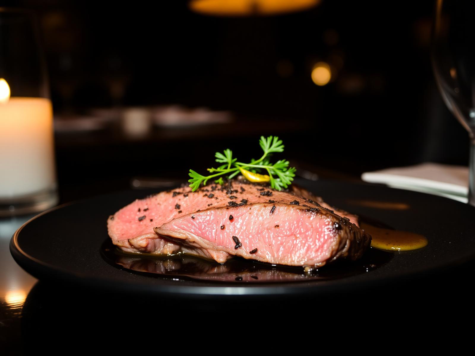 A perfectly seared cut of beef on a black plate