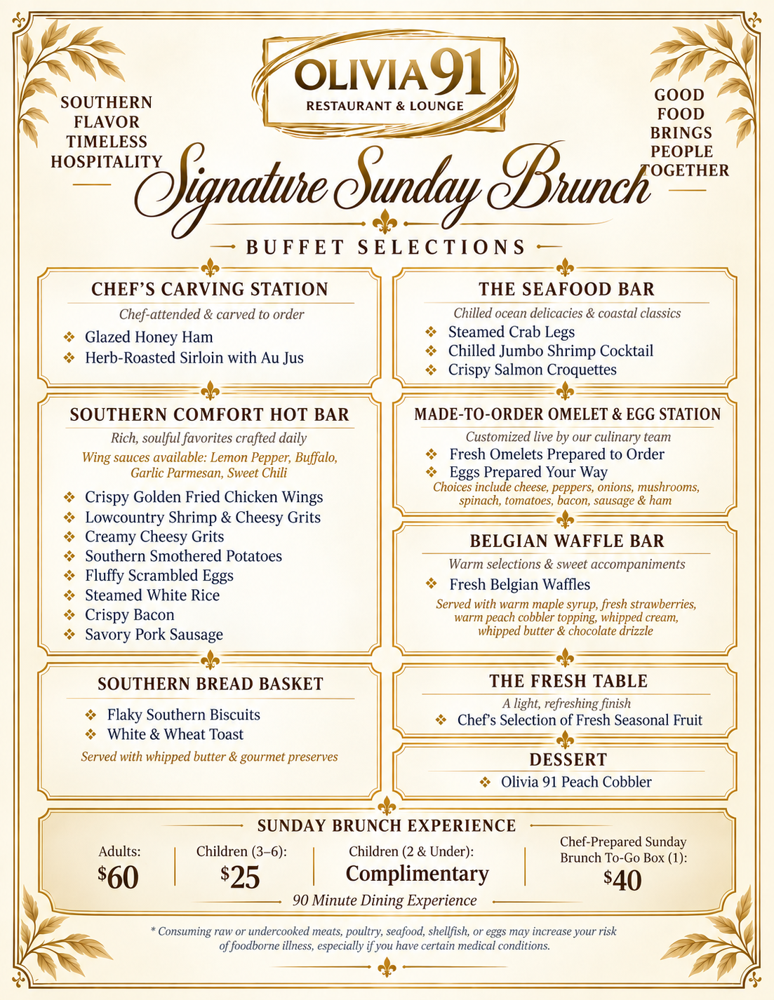 Olivia 91 Signature Sunday Brunch buffet menu