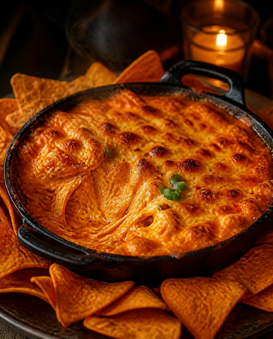 O91 Buffalo Chicken Dip — bubbling cast iron skillet with golden baked cheese and Doritos