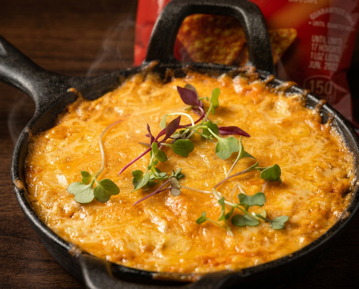 O91 Buffalo Chicken Dip — bubbling cast iron skillet with golden baked cheese and Doritos