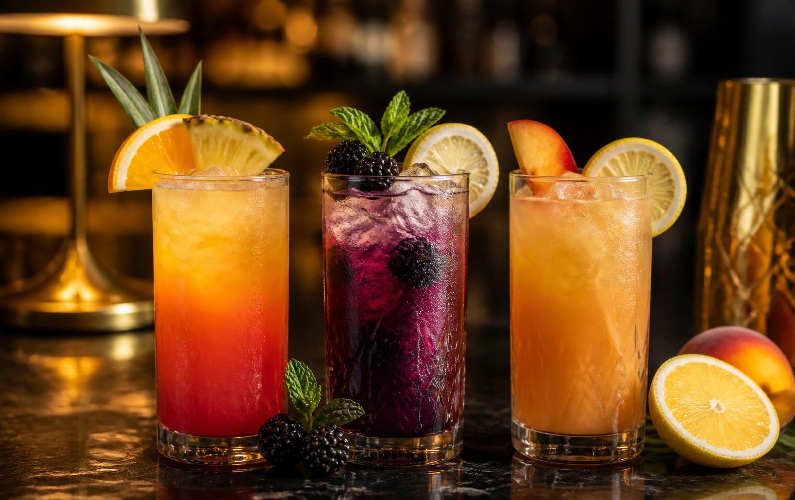 Olivia 91 mocktails garnished with fresh fruit