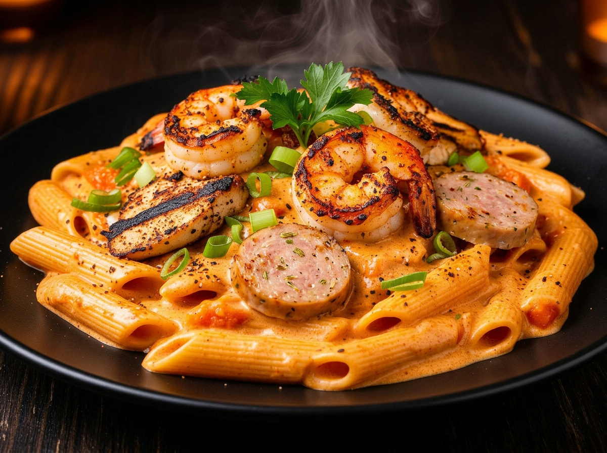 O91 3-Meat Pasta — creamy Cajun Alfredo penne with shrimp, chicken, and hot Italian sausage